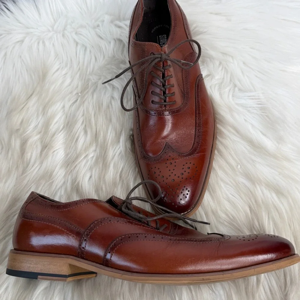 Stacy Adams Mens Cognac Brown Leather Wingtip Oxford Dress Shoes Memory Foam